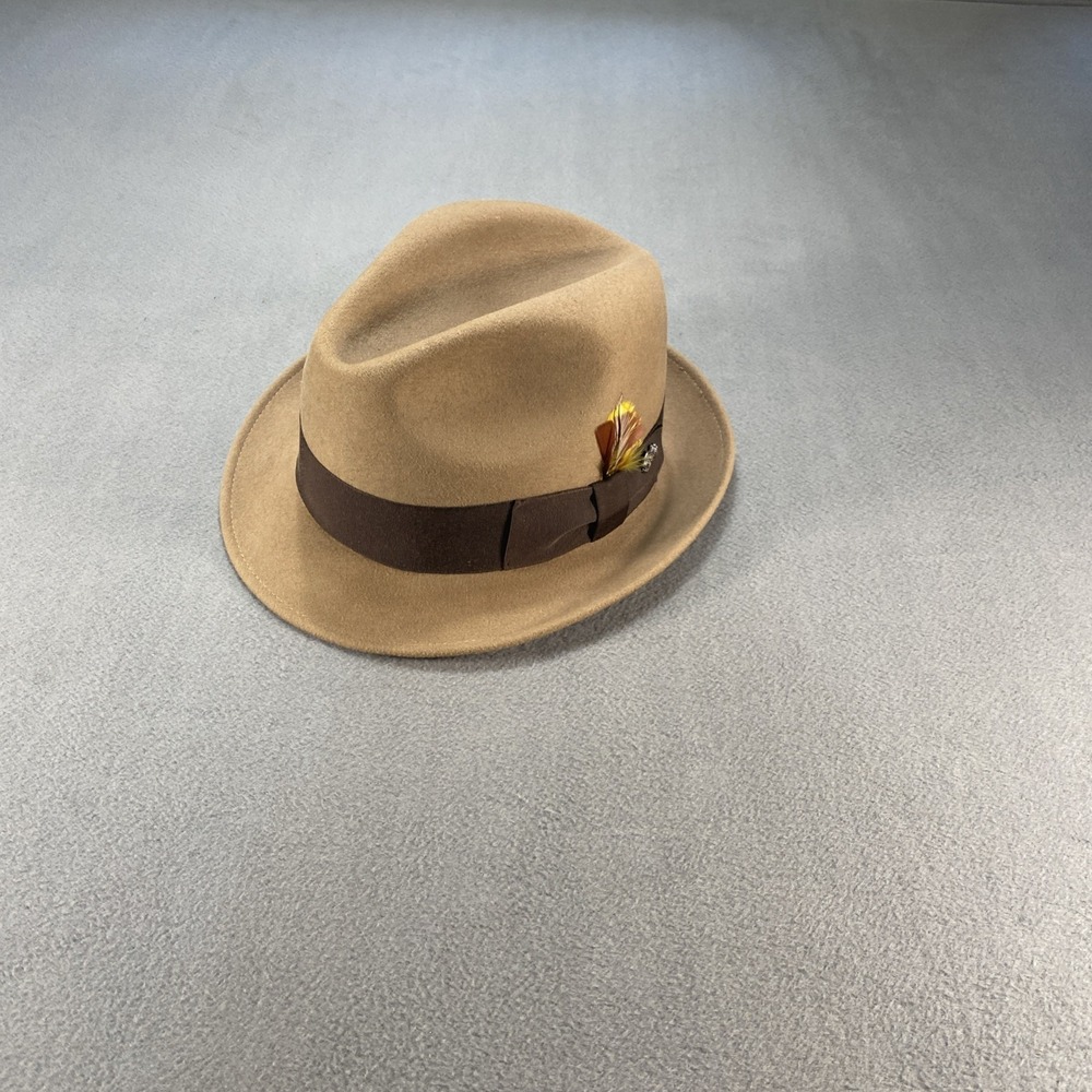 Bailey of Hollywood 100% Wool Executive Fedora Hat Size 7.5 Tan Feather Accent
